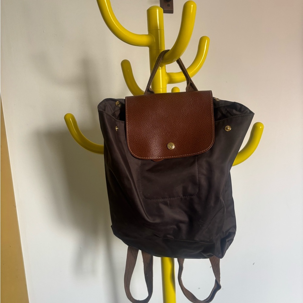 Longchamp Brown Nylon Backpack with Tan Leather Flap
